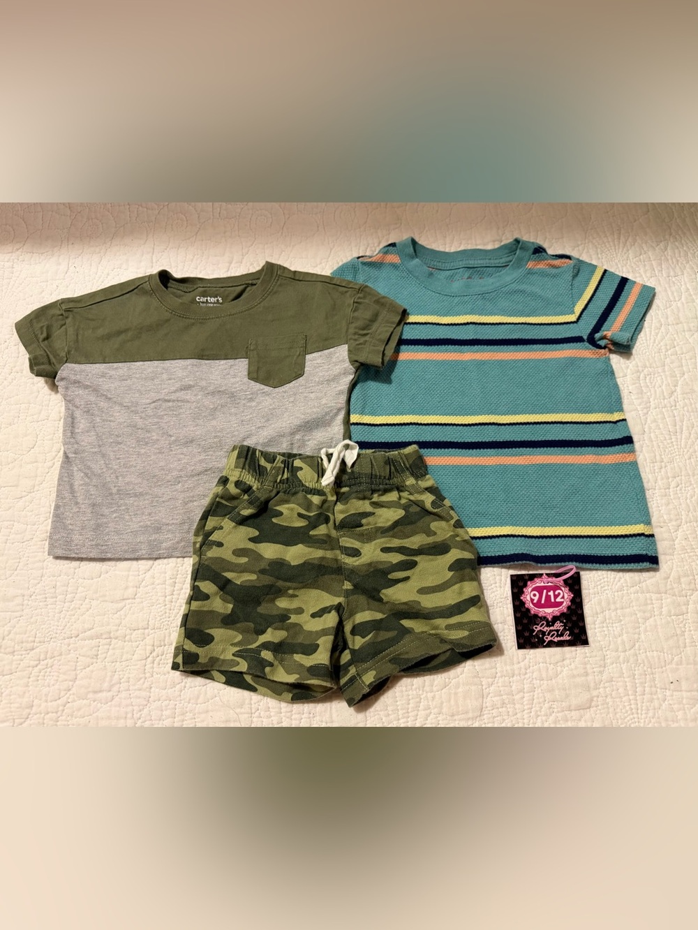 Cat & Jack Olive Green, Gray & Teal Kids Matching Set with Camo Shorts